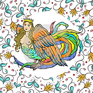 Russian style decorative folk illustration. Siren - beautiful fairytale character. Vector hand-drawn art. Russian national art.