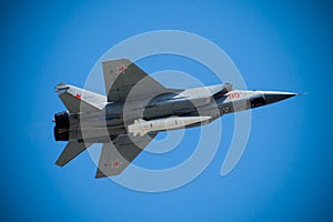 Russian supersonic interceptor MiG-31 aircraft with the new secret Kh-47M2 Kinzhal Dagger air-launched hypersonic missile