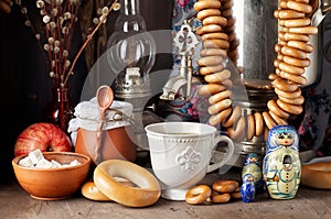 Russian Tea Party including black tea from samovar, lump sugar, bagels sushki and baranki