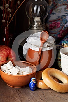 Russian Tea Party including black tea from samovar, lump sugar, bagels sushki and baranki