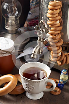 Russian Tea Party including black tea from samovar, lump sugar, bagels sushki and baranki