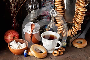 Russian Tea Party including black tea from samovar, lump sugar, bagels sushki and baranki