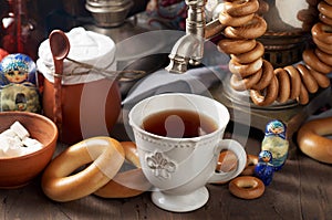 Russian Tea Party including black tea from samovar, lump sugar, bagels sushki and baranki