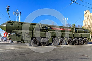 Russian thermonuclear weapon intercontinental ballistic missile Yars on parade festivities
