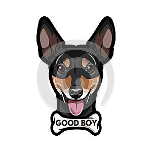 Russian Toy Terrier Portrait. Bone. Good boy lettering. Dog breed. Vector.