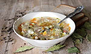 Russian Traditional cabbage, meat soup Shchi on white plate on natural wooden table background