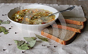 Russian Traditional cabbage, meat soup Shchi on white plate on natural wooden table background