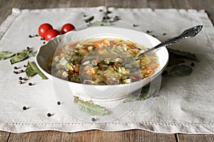 Russian Traditional cabbage, meat soup Shchi on white plate on natural wooden table background