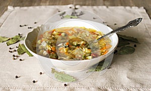 Russian Traditional cabbage, meat soup Shchi on white plate on natural wooden table background