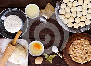 Russian traditional dish - pelmeni (succulent minced meat with spices in the dough). Ingredients for cooking.