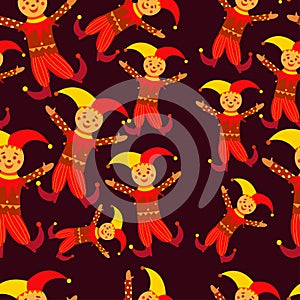 Russian traditional jester seamless pattern. Russian buffoon on Maslenitsa. Skomoroh in bright clothes.