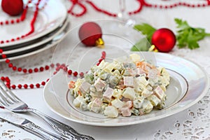 Russian traditional salad Olivier for New Year party