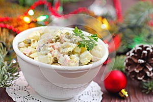 Russian traditional salad Olivier for New Year party