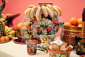 Russian traditional samovar and sushki.