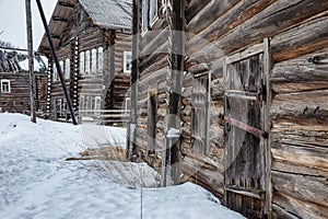 Russian traditional wooden peasant houses. Kizhma village, Mezen district, Arkhangelsk region, Russia