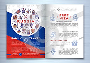 Russian travel brochure template. Colorful russian icons on a flag background. Traditional line symbols
