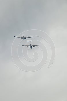 The Russian TU-160 bomber during a training flight with refueling in the air in Central Russia.