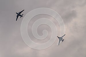 The Russian TU-160 bomber during a training flight with refueling in the air in Central Russia.