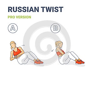 Russian Twists Female Home Workout Exercise Guide Illustration in Two Steps.