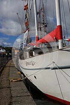 Russian two-masted schooner Krasotka. View from berth along starboard side