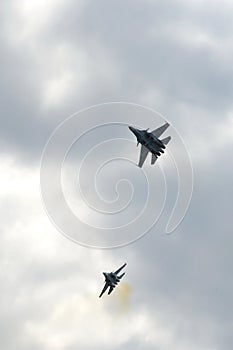 Russian two-seat twin-engine super maneuverable deck-mounted multi-purpose fighters Su-30 CM Flanker-C at the MAKS-2021 Internat