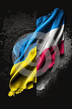 Russian and Ukraine flag together but divided.