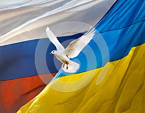 Russian and ukrainian flags with flying dove of peace
