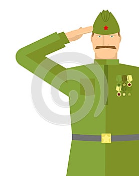 Russian veteran soldiers salute. Retro military. Vintage soldier