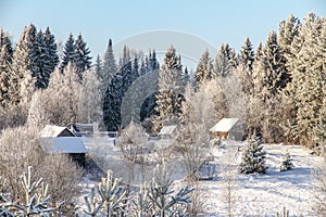 Russian village in winter in the forest