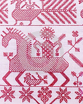 Russian vintage traditional antique cross stitch red-white embroidery background