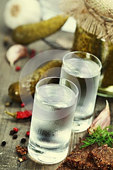Russian vodka with traditional black bread