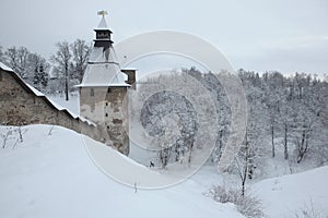 Russian winter. Pskovo-Pechorsky Monastery near Pskov, Russia.