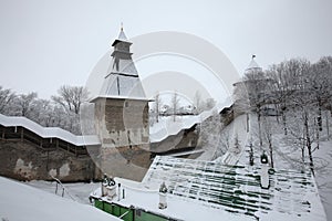 Russian winter. Pskovo-Pechorsky Monastery near Pskov, Russia.