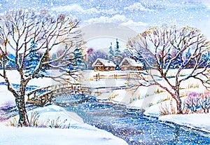 Russian winter village landscape with river and wooden bridge