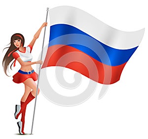 Russian young beautiful woman holding flag. Fan supports soccer team