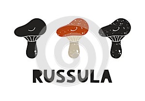 Russula mushroom, silhouette icons set with lettering. Imitation of stamp, print with scuffs. Simple black shape and color vector