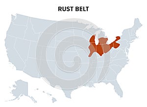 Rust Belt of the United States, region of industrial decline, political map