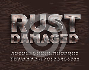 Rust Damaged alphabet font. Bold metal letters and numbers.