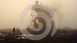 Rust Fog: A Deteriorated Industrial Decay In A Foggy Desert World