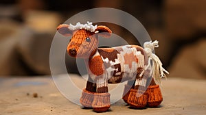 Rust Knitted Cow Toy With Rustic Scenes And Iterative Patterns