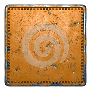 Rust metal with rivets in the shape of a square in the center on white background. 3d