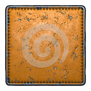 Rust metal with rivets in the shape of a square in the center on white background. 3d
