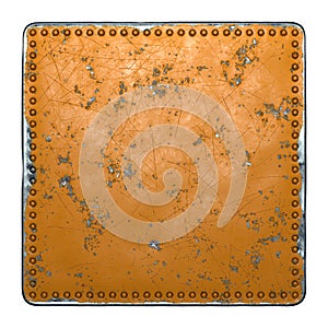 Rust metal with rivets in the shape of a square in the center on white background. 3d