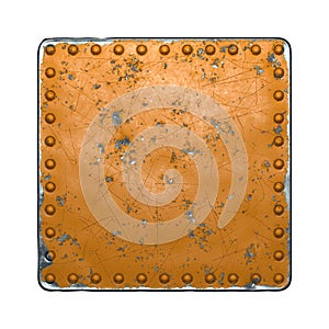 Rust metal with rivets in the shape of a square in the center on white background. 3d