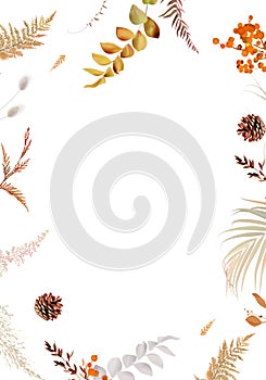 Rust orange and dried plants, brown pine cones, palm leaf, pampas grass, orange berry, lagarus