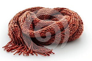 Rust red chunky knitted scarf on white photo
