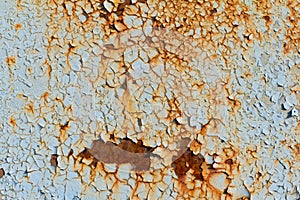 Rust, rusty background, rusty metal texture with remnants of blue paint, rust protruded through the paint