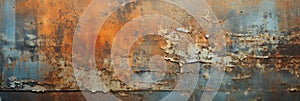 Rust texture background, old iron sheet with worn paint, panoramic banner of rusty metal plate. Vintage oxidized steel surface.