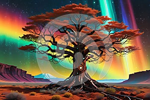 Rust-Tinged Robotic Tree Reaching Towards a Sky Streaked with Technicolor Auroras, Roots Intertwined