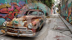 A rusted abandoned car sits on a deserted street with colorful murals and street art surrounding it representing the